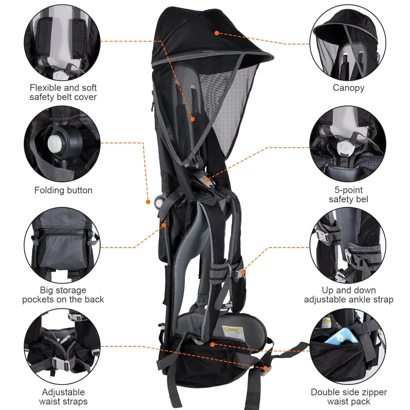 Mochila portabebés Premium con arnés de 5 Puntos, toldo Parasol, diseño Plegable y múltiples Bolsillos: Comodidad ergonómica para Senderismo, Viajes y Aventuras al Aire Libre.