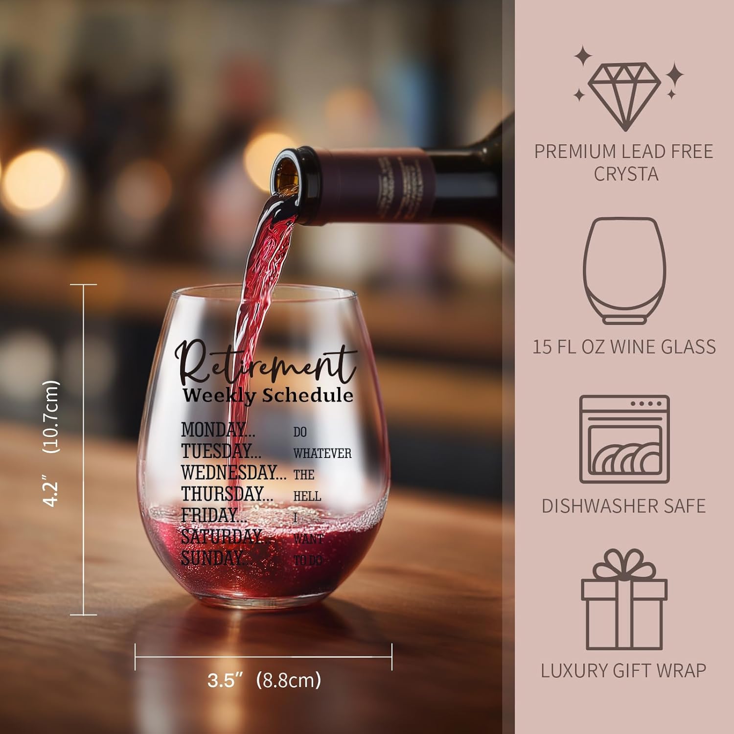 LITTLEBIGGER Retirement Gift for Woman – 15 Oz Wine Glass, Dishwasher Safe, Scratch-Resistant, Funny Weekly Schedule, Retirement Gifts for Women, Mom, Aunt, Friend, or Coworkers - Image 4