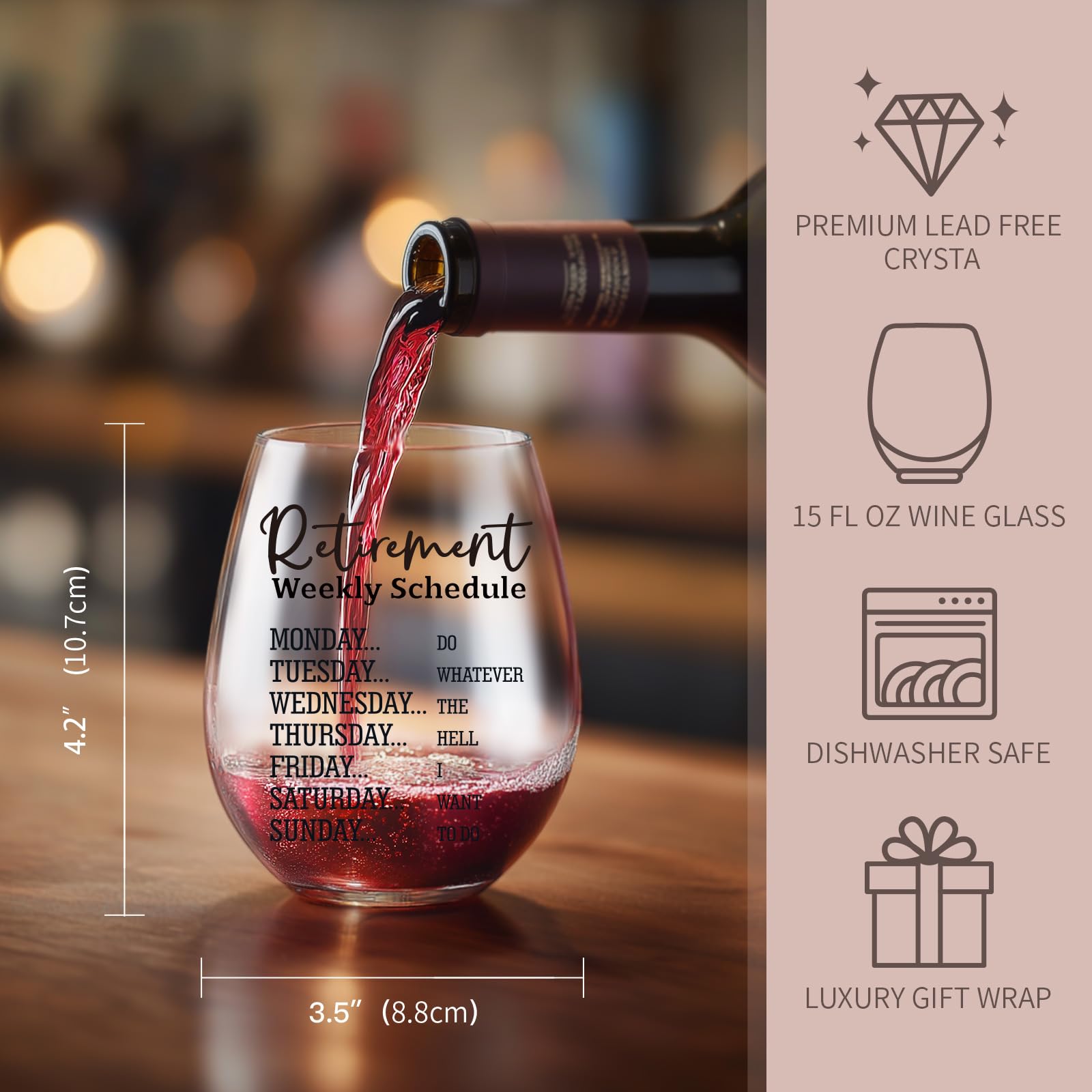 LITTLEBIGGER Retirement Gift for Woman – 15 Oz Wine Glass, Dishwasher Safe, Scratch-Resistant, Funny Weekly Schedule, Retirement Gifts for Women, Men, Mom, Aunt, Friend, or Coworkers