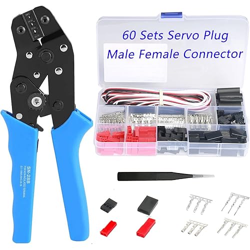 60 Sets JST Servo Connector Kits Plug Male Female Crimp Pin Cable with SN-28B Dupont Crimping Tool 0.1-1.0mm ²(AWG28-18) Compatible JST SYP servo wire cable for RC Car Hitec Spektrum Model Airplanes