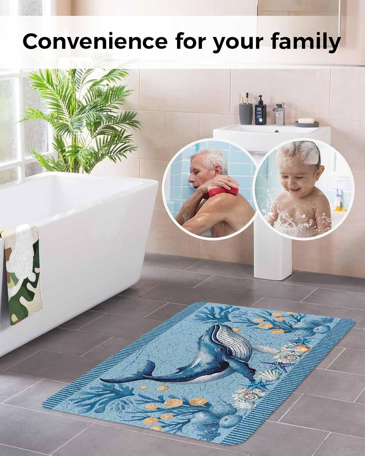 Summer Nautical Non-Slip Bathtub Mat, Ocean Whale Cartoon Starfish Coral Black Stripes PVC Bath Mat for Tub Quick Drying Shower Mats for Inside Shower, Foot Scrubber Loofah Bathroom Mats 24x16 Inches