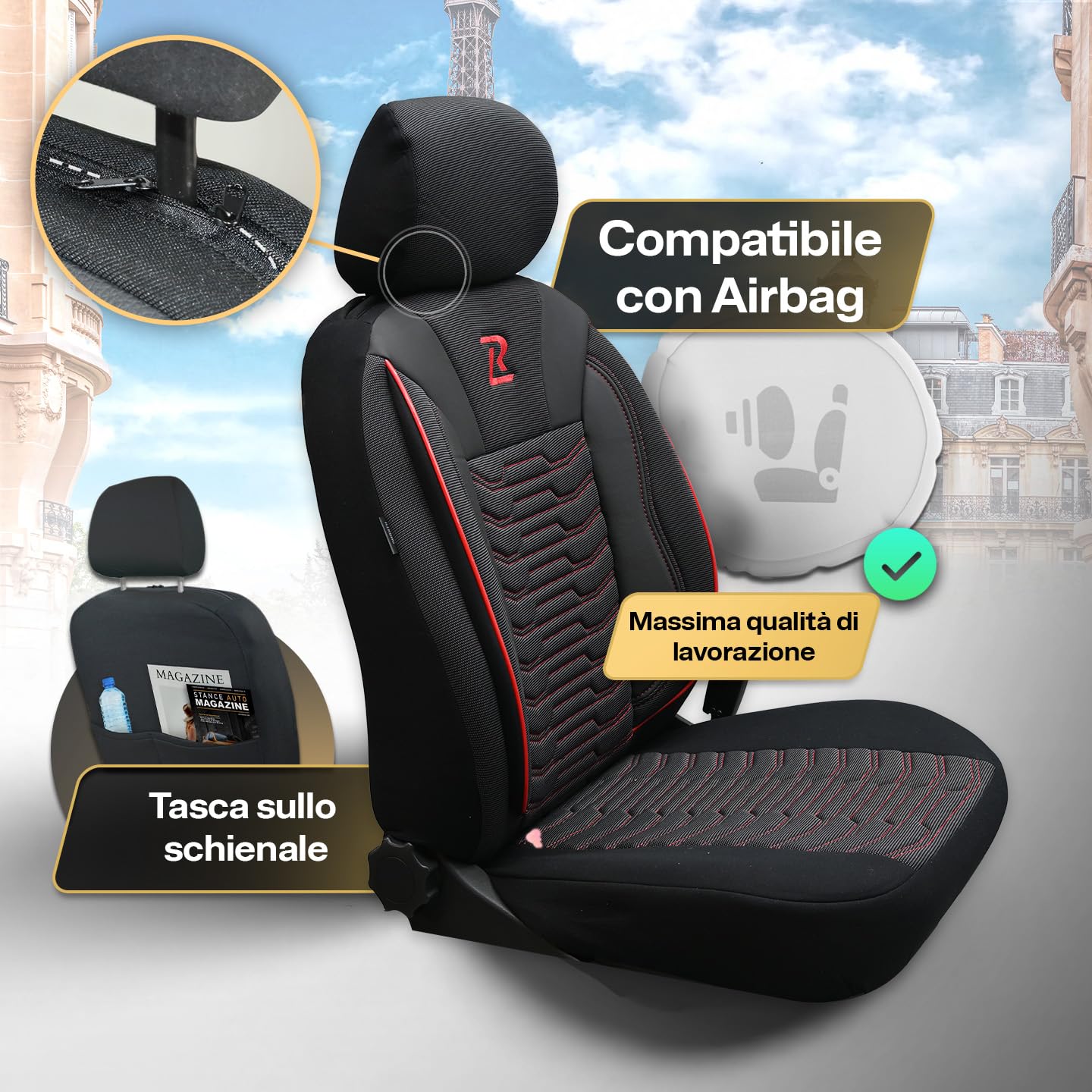 LUCARO Coprisedile Auto per Universale Paris, Rosso | Similpelle lavabile e idrorepellente, adattamento universale, imbottitura traspirante