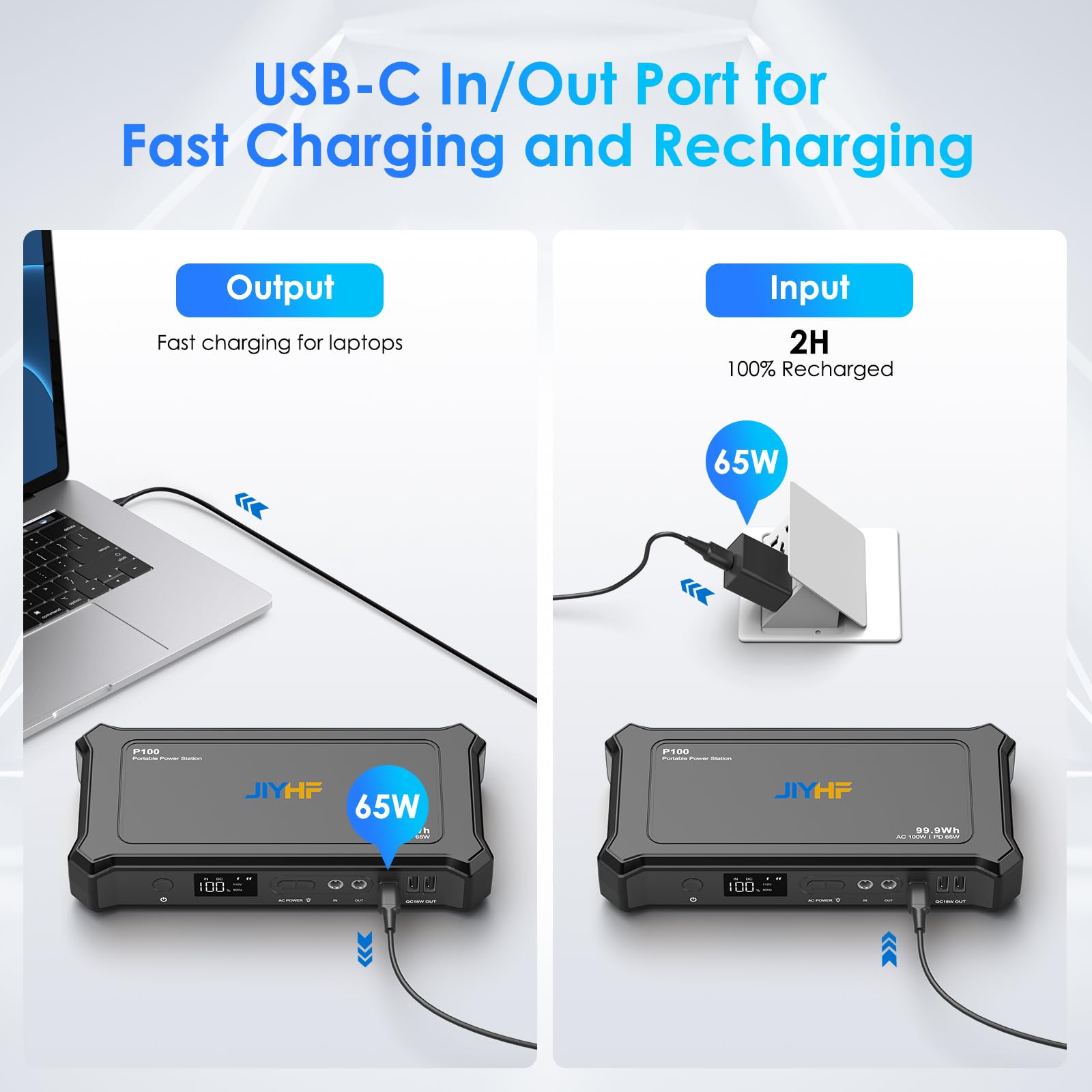 JIYHF Portable Power Bank with AC Outlet - 99.9Wh/27000mAh High Capacity Laptop Portable Charger,100W AC + 65W PD USB-C + 5521 DC Ports for Business Travel, Home & Outdoor, Emergency Backup