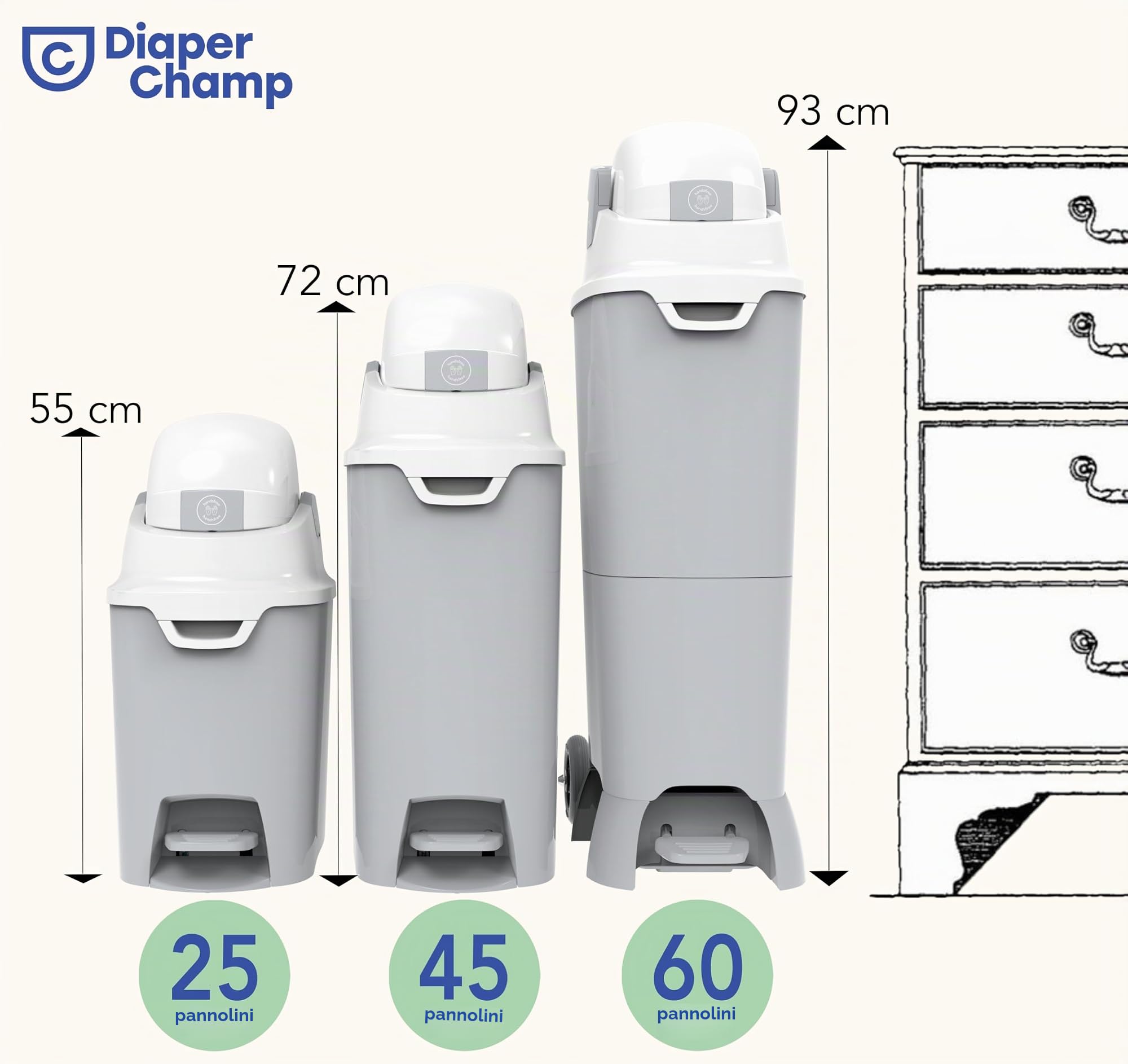 DIAPER CHAMP Handsfree Medium - incl - 10 sacchetti ECO gratuiti - Pattumiera per pannolini anti-odore - mani libere - capacità ideale - asili nido, micro presepi MAM - senza cassette di ricarica