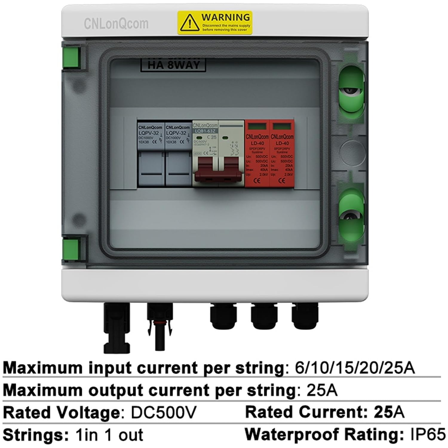 PV Array Combiner Box DC 500V 1in 1out IP65 PC/ABS with Circuit Breaker and DC Fuse for Solar Panel(Max Output 1x63A,Max Input 1x15A)