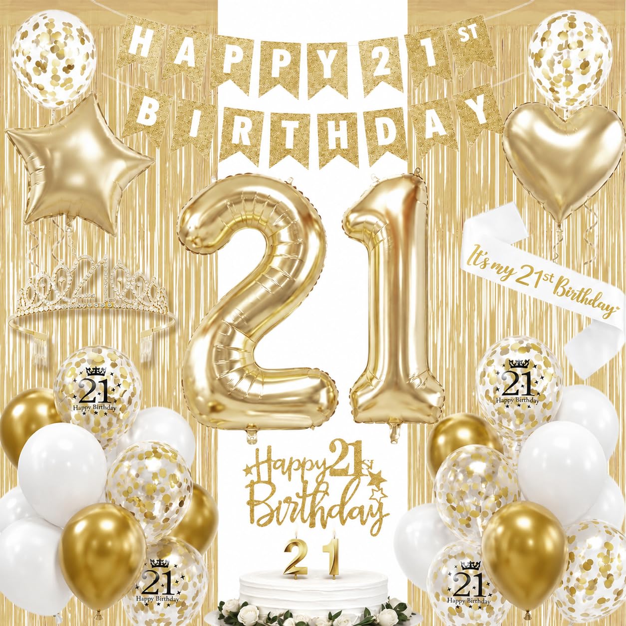 HILAVO 21st Birthday Decorations for Her, Champagne Gold Happy 21st
