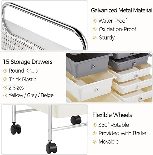 Miniatura 5 de Yaheetech Carrito de almacenamiento con ruedas de 15 cajones, multiusos, móvil, organizador de almacenamiento, herramientas, álbum de recortes,