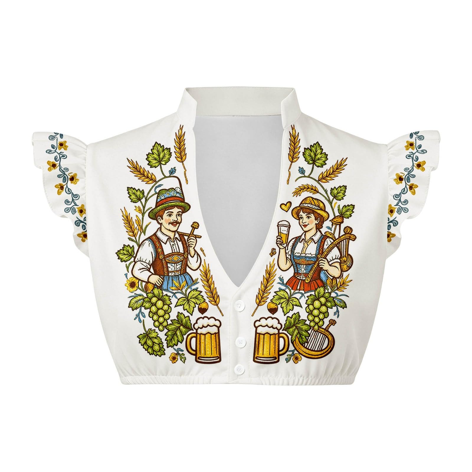 Generisch Camicetta da donna con maniche ad aletta, camicetta bavarese bianca per feste della birra, con stampa, per abbigliamento, biancheria da notte e loungewear