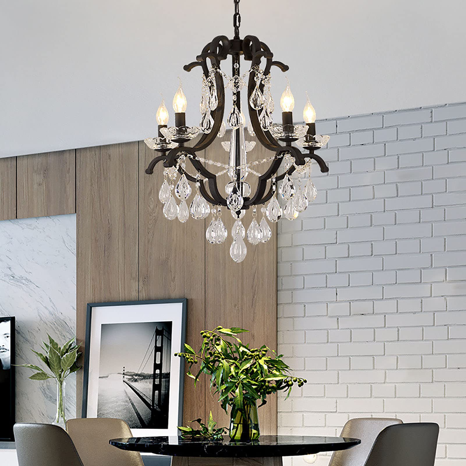 Für Wohnzimmer Esszimmer Schlafzimmer,Retro Kristalllampe,E14 Europäischer Stil Kristall Kronleuchter,Leichter Luxus Kristall Kerze Kronleuchter-Schwarz. 60 * 62cm