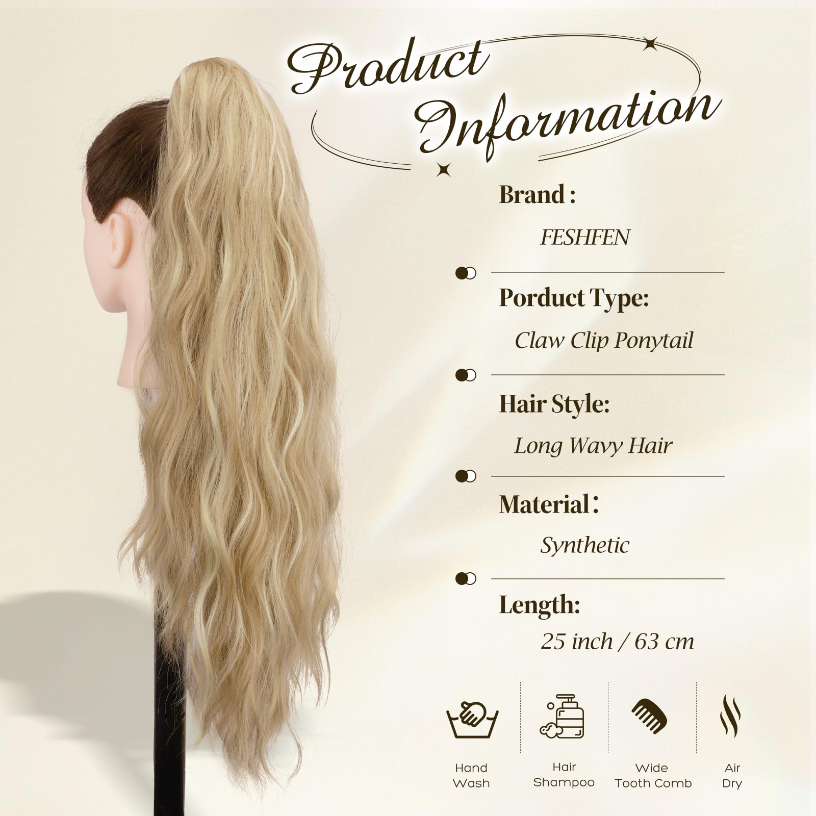 FESHFEN Coda Capelli Extension Pinza - Lunga Ondulato Coda Finta Capelli Riccia Coda di Cavallo Estension Sintetici Posticcio Ponytail per Donne, 63 cm Biondo Scuro Cenere
