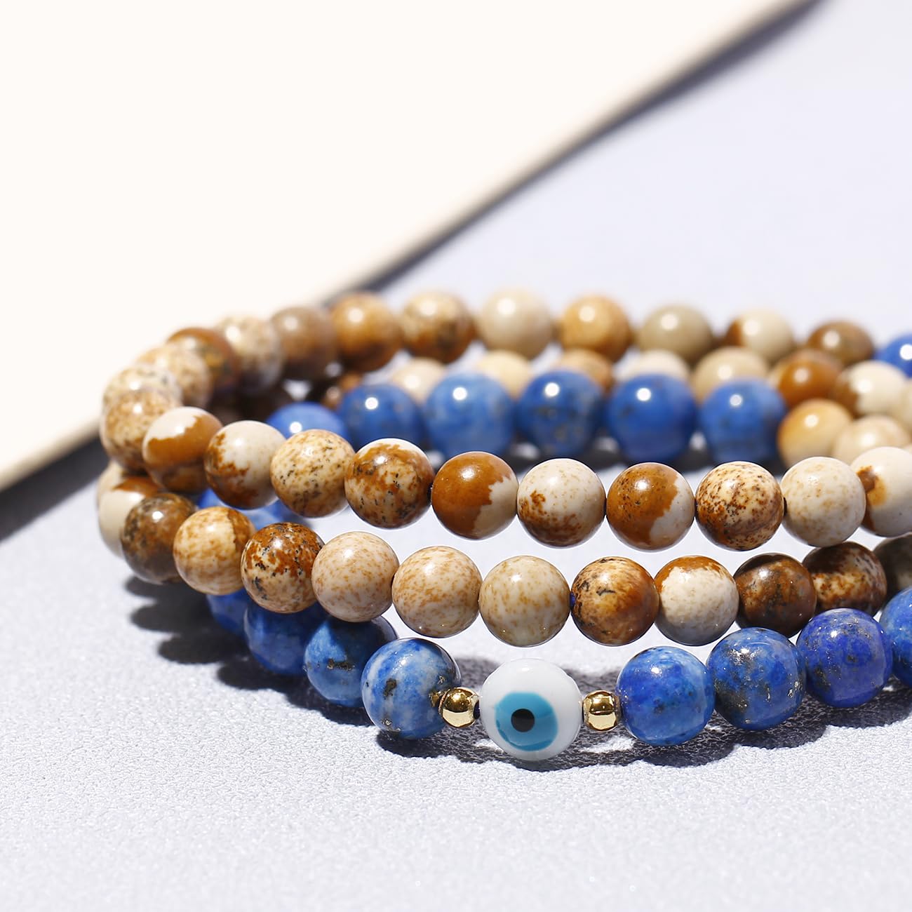 XHUUU Wrap Picture Jasper/Lapis Lazuli Beaded Bracelets for Women and Men Stretch Evil Eye Bracelets Good Luck Protection Jewelry Unisex - Image 3