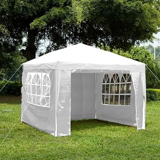 Garden Vida Gazebo With Side Panels 3x3m Marquee Zip Up Party Tent Outdoor Garden Canopy Water-Resistant With Wind Bar, White