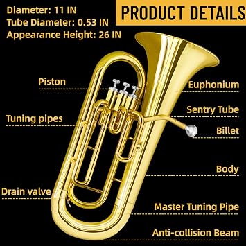 Bb Euphonium,Accurate intonation,comfortable keys,Brass Horn for All Levels | Premium brass, responsive valves,Ergonomic fatigue-free design
