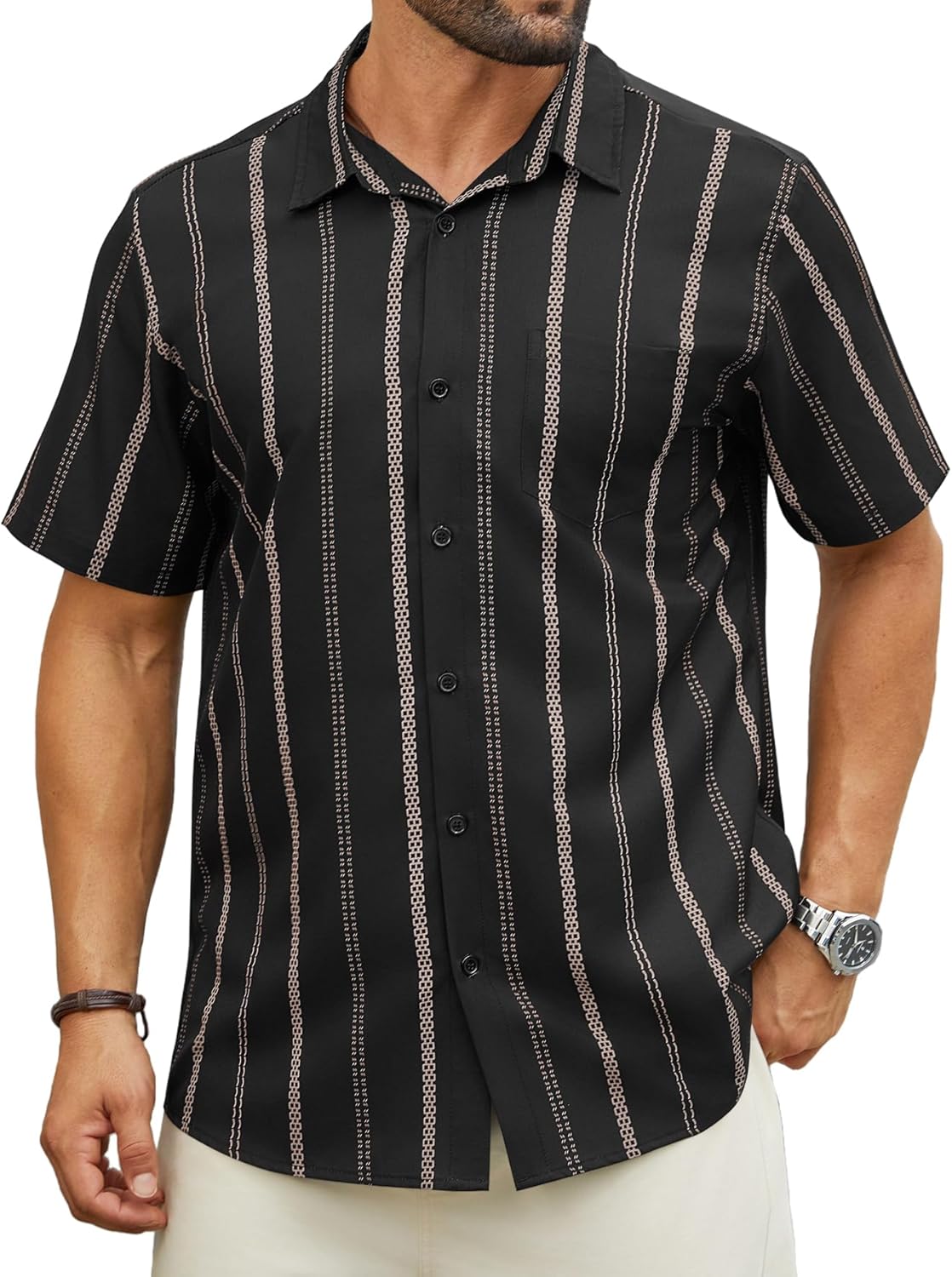 Hardaddy Men's Casual Striped Shirts Button Down Short Sleeve Blouse for Men Spring Summer