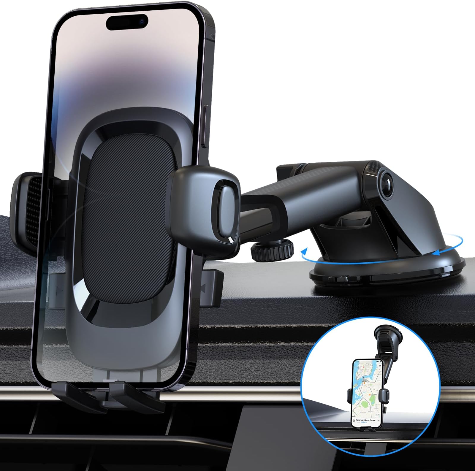 Eono Car Phone Holder, Phone Mount for Dashboard Windscreen, 360° Rotation Washable Suction Cup Base, Cars Cradle with One Button Release Compatible with iPhone 14 13 12 11 Samsung