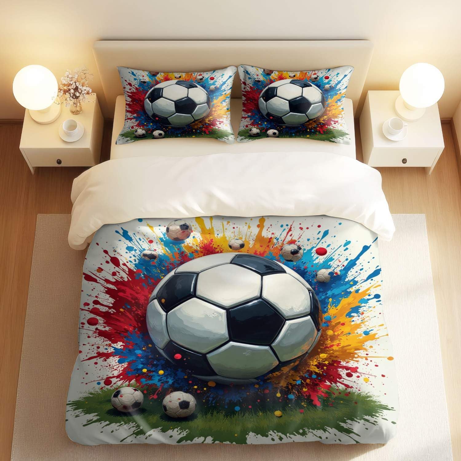 Housse de couette football pour chambre d'enfant parure grand lit 3 pièces
