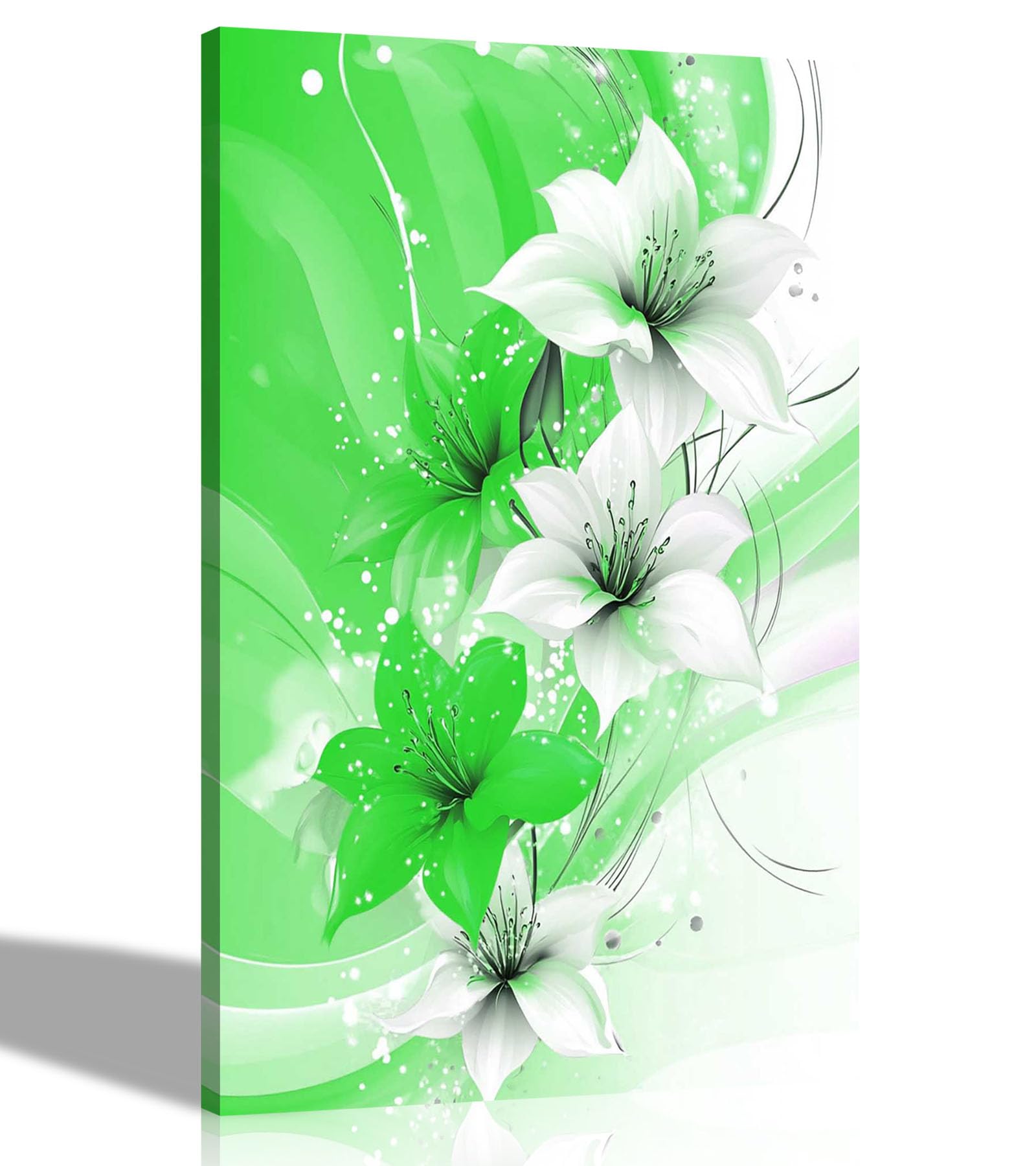 Artley Prints Lily Flower Green White - Abstract Green Lily Flowers Canvas Prints Modern Home Conservatory Wall Art Pictures Ready To Hang 60 X 40Cm (24 X 16 Inches) A2