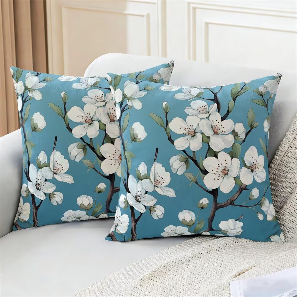 Federe Cuscini Divano 60x60 cm Federe Morbido Copricuscini Blu in Velluto, 2 Pezzi Copri Cuscini per Divano Primavera Decorativi Federa Cuscino Fiori Bianchi per Camera da Letto Soggiorno (IU49)