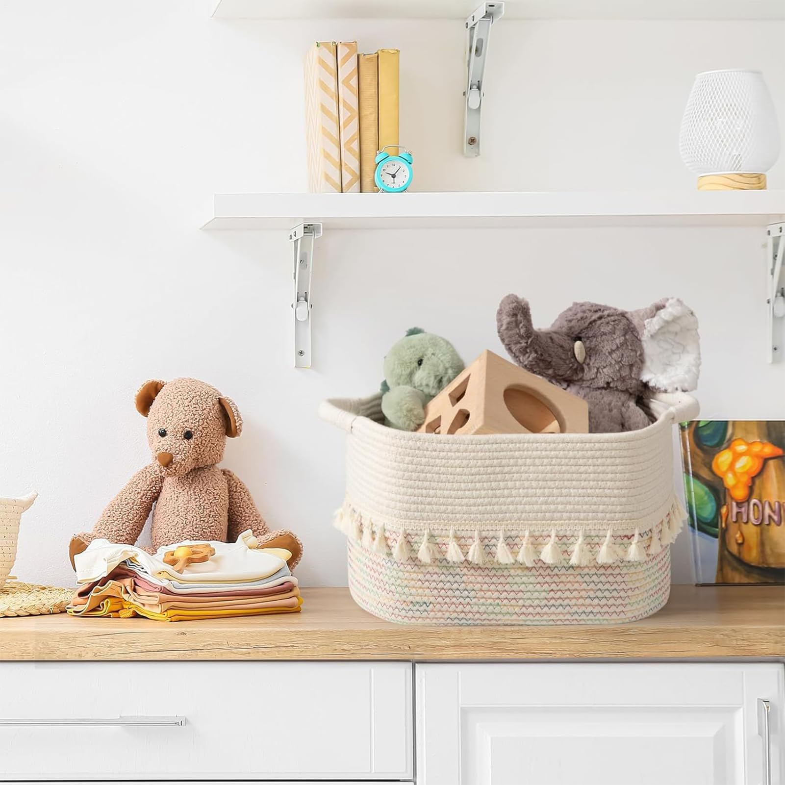 MRKU Cesta de Almacenamiento rústica para Cocina con Asas - Algodón Tejido para estantes, Juguetes, Mantas, Toallas, Libros, Armario, lavadero, baño, despensa.
