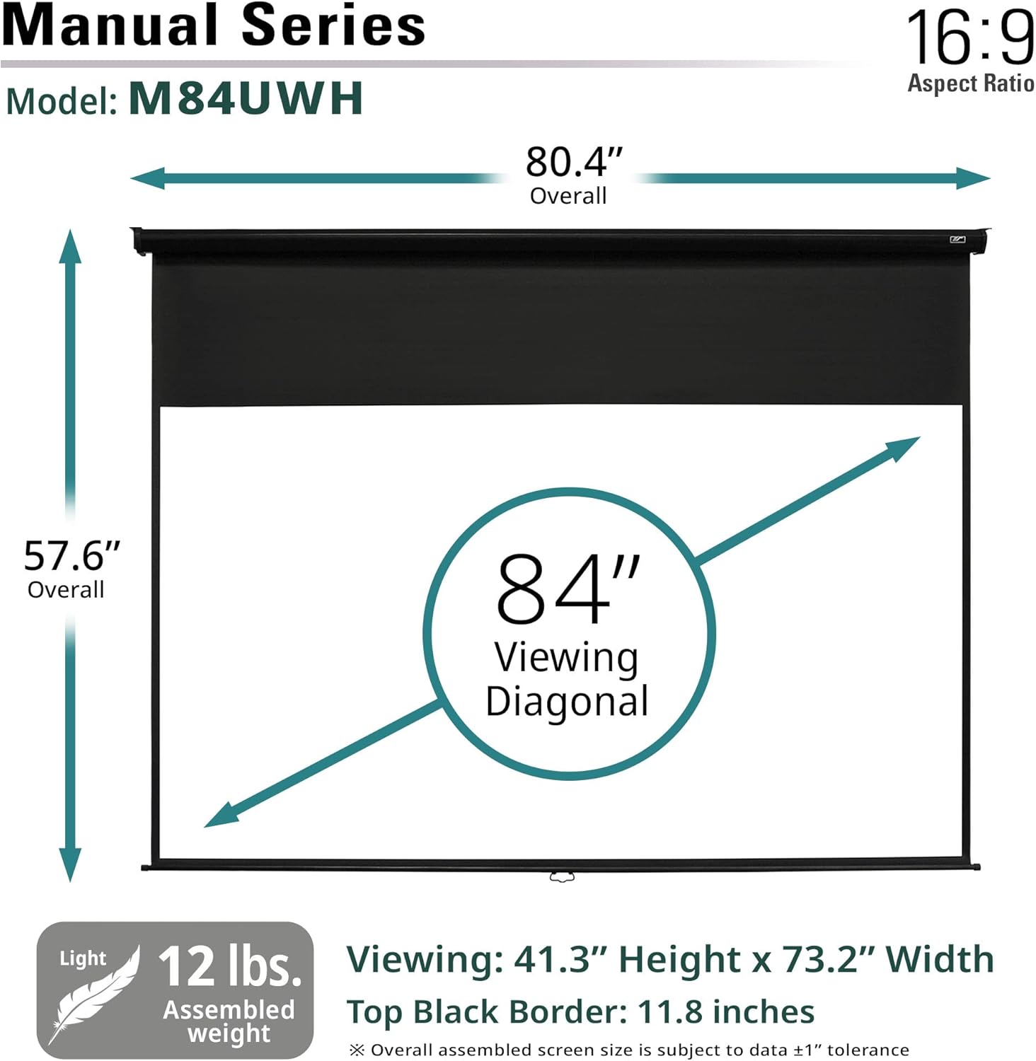 Elite Screens Manual Series M84UWH dimensions: 84-inch diagonal, 80.4 inches width, 57.6 inches height