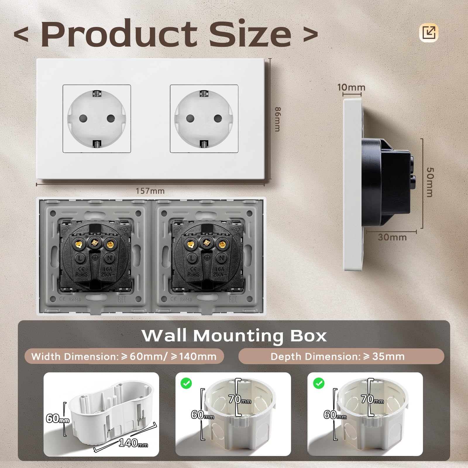 BSEED Enchufe pared, 16A 250V Schuko Enchufe Doble Simple on Panel de Plastico, 2 Gang, Blanco