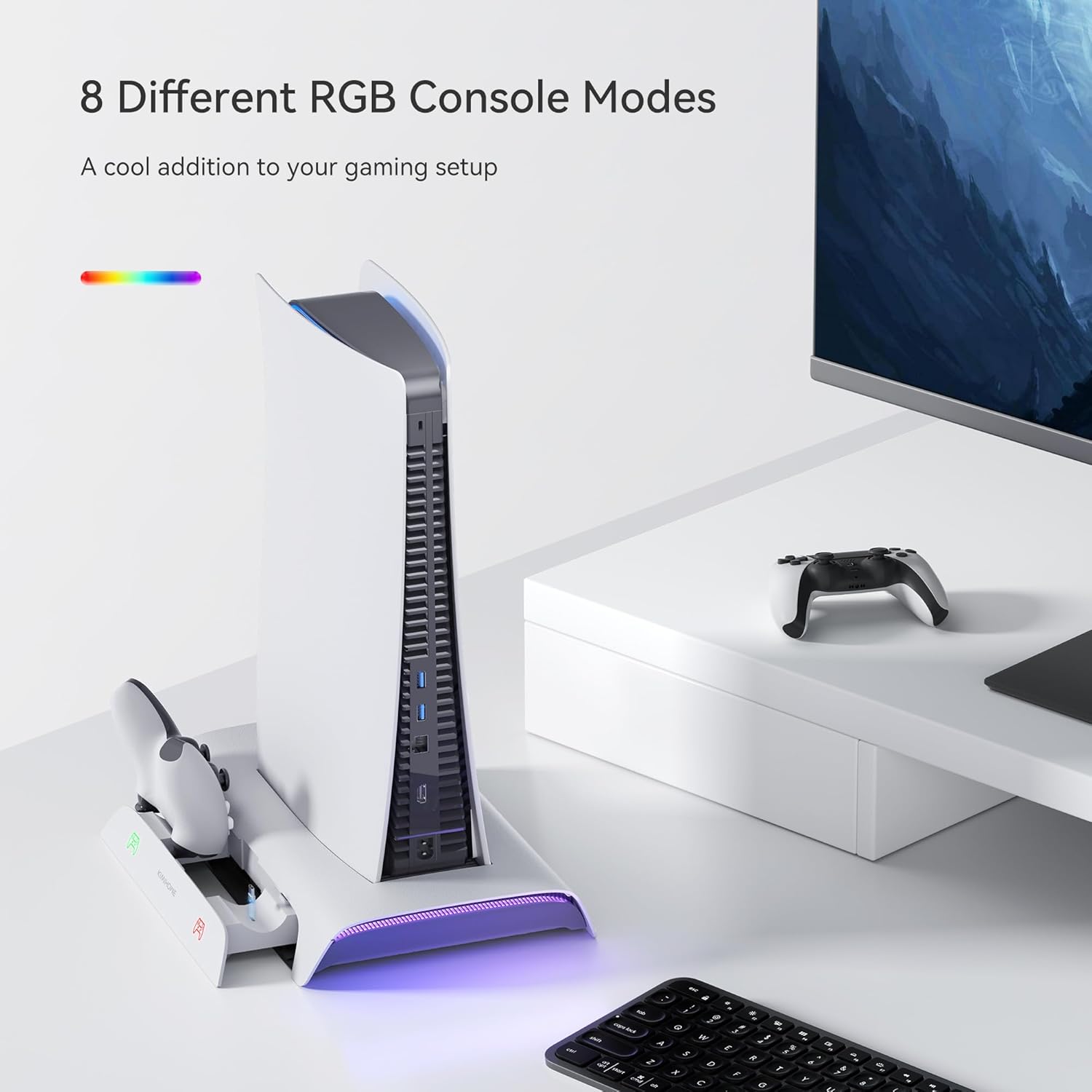 A PS5 console on the stand with vibrant RGB lighting emanating from the base, showcasing different color options. A gaming setup with a monitor is visible in the background.