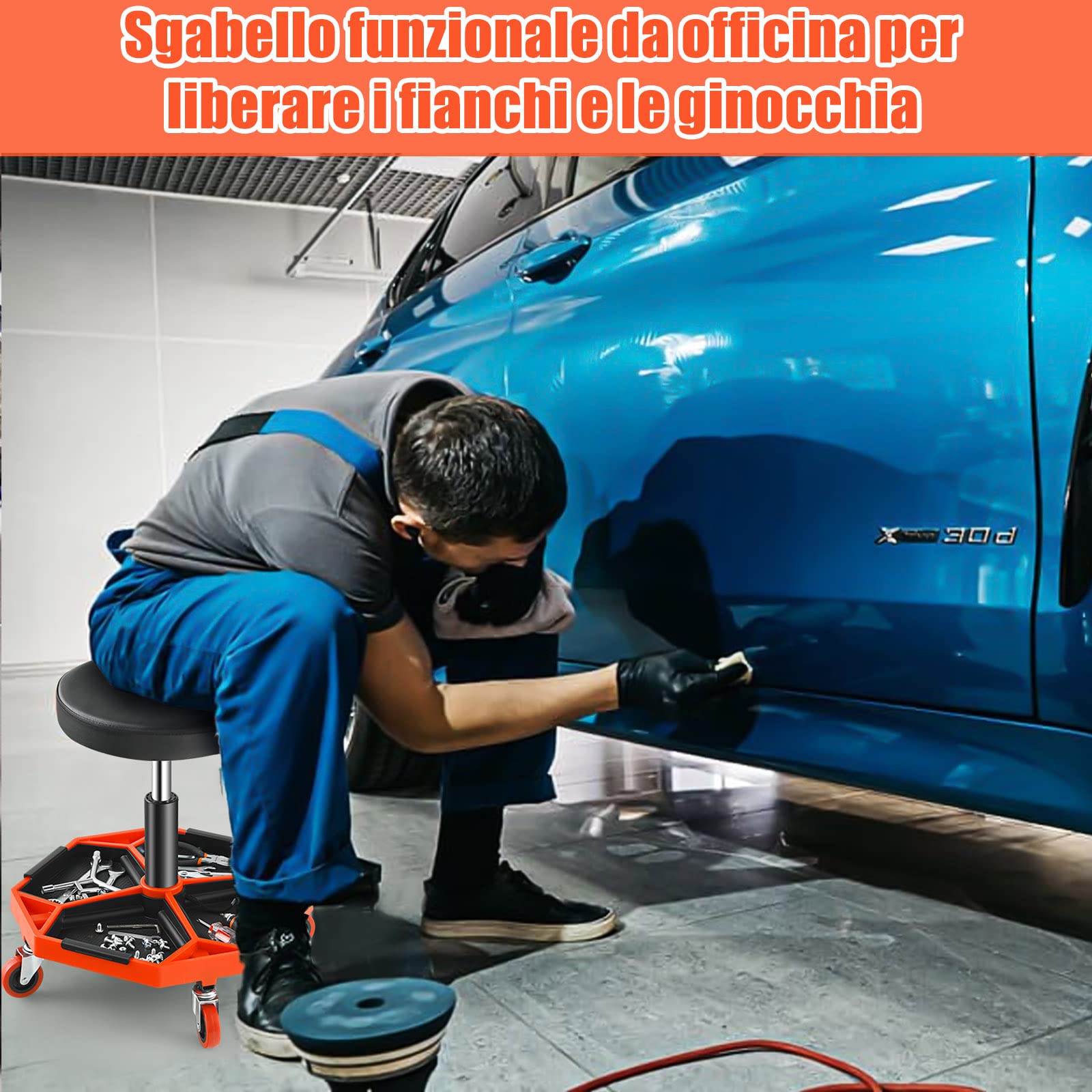 GYMAX Sgabello da Officina, Banco di Riparazione Auto a 4 Ruote, Altezza Regolabile, Portata di 150 kg, Stoccaggio Utensili, con Ripiano Porta Attrezzi, Sedile Imbottito