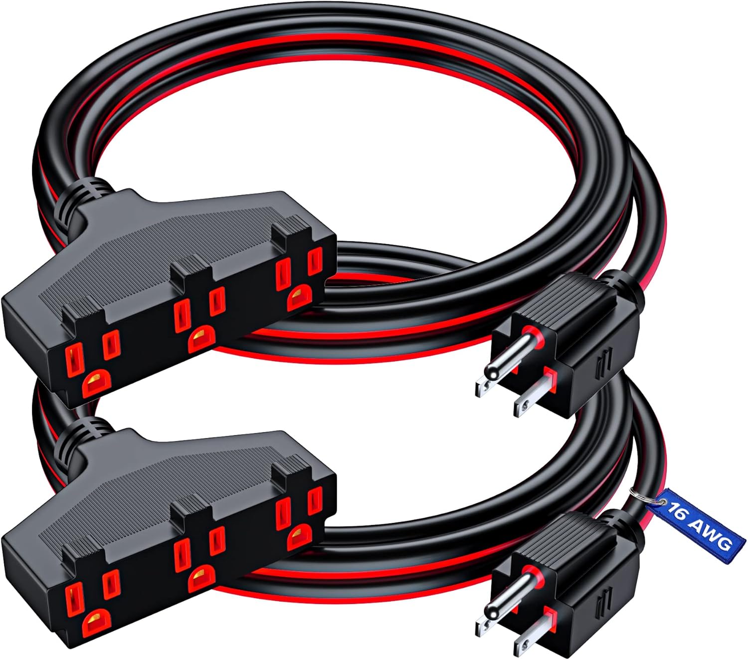 Extension Cord 6 ft, (2-Pack) SJTW Extension Cord with Multiple Outlets, 16 Gauge (Black and Red) ETL Listed