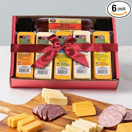 Wisconsin Cheese Company - Specialty Cheese & Summer Sausage Holiday Gift Box - 100% Wisconsin Gouda, Smoked Cheddar, Salami, Tomato Basil Cheddar, Swiss (Pack of 5 Blocks) | Perfect for Parties, Charcuterie Boards, and Holiday Gifts
