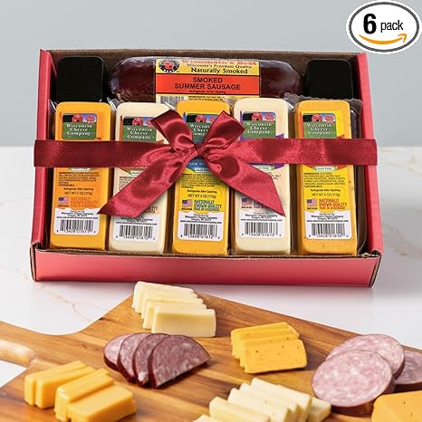 Wisconsin Cheese Company - Specialty Cheese & Summer Sausage Holiday Gift Box - 100% Wisconsin Gouda, Smoked Cheddar, Salami, Tomato Basil Cheddar, Swiss (Pack of 5 Blocks) | Perfect for Parties, Charcuterie Boards, and Holiday Gifts
