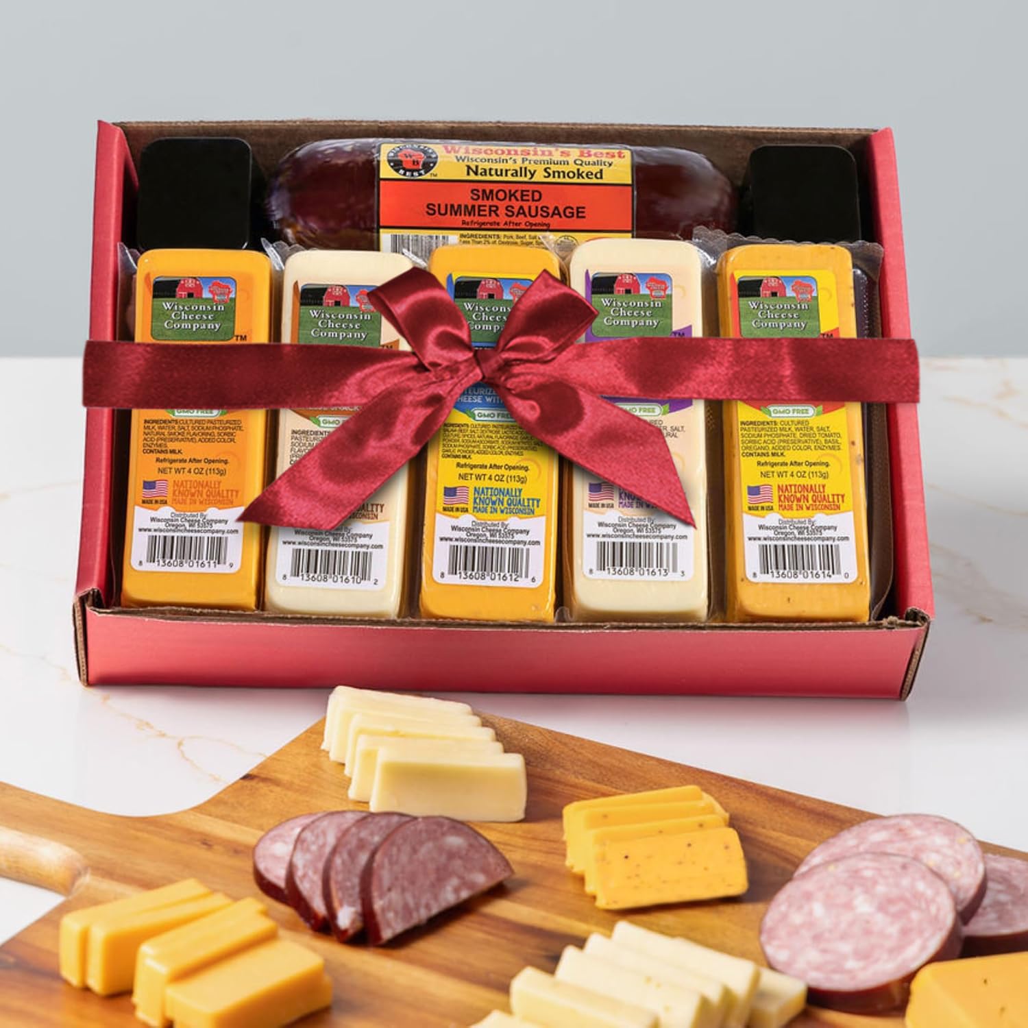 Wisconsin Cheese Company - Specialty Cheese & Summer Sausage Valentine's Day Gift Box - 100% Wisconsin Gouda, Smoked Cheddar, Salami, Tomato Basil Cheddar, Swiss (Pack of 5 Blocks) | Perfect for Parties, Charcuterie Boards, and Holiday Gifts