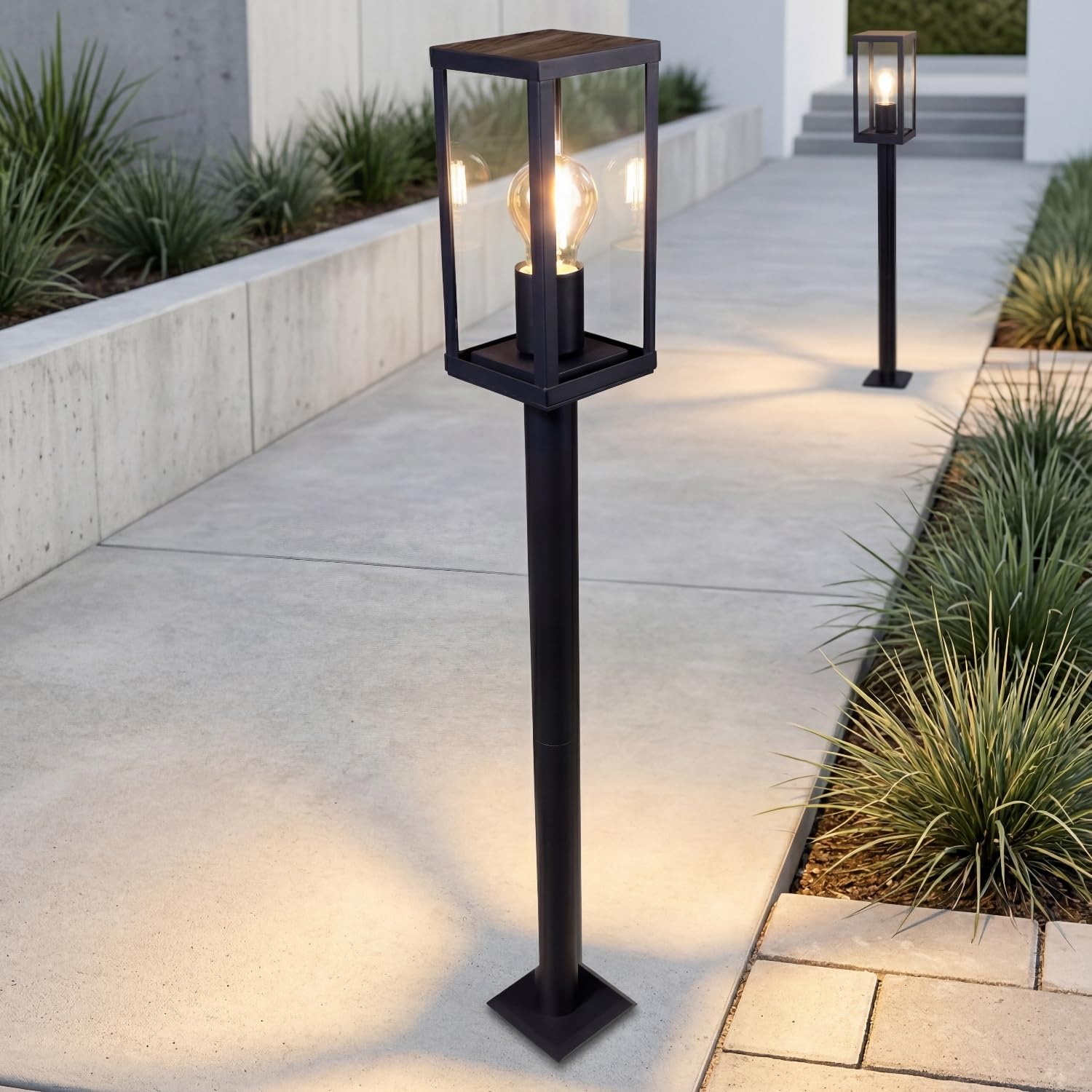 Lampione Vintage Nero Alluminio Ottica legno E27 IP44 H:100 cm Lampada da giardino Lampada da esterno Illuminazione per pavimenti Illuminazione per sentieri Lampione da giardino
