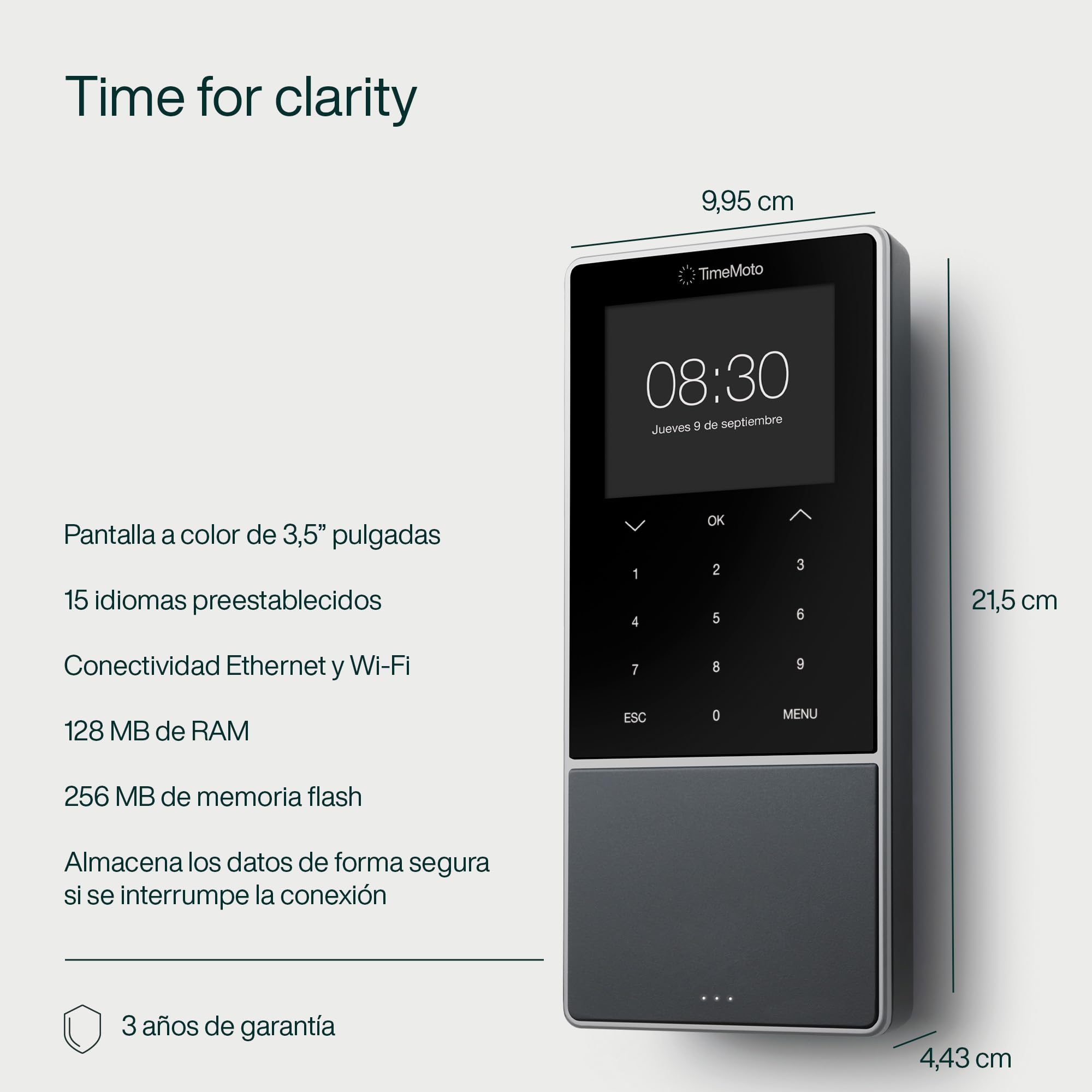 Terminal de fichaje basado en la nube TimeMoto TM-818 MC, compatible con tarjetas de acceso inteligentes HID/sin contacto, lector de tarjetas RFID/llavero RFID, PIN, 2.000 usuarios, wifi
