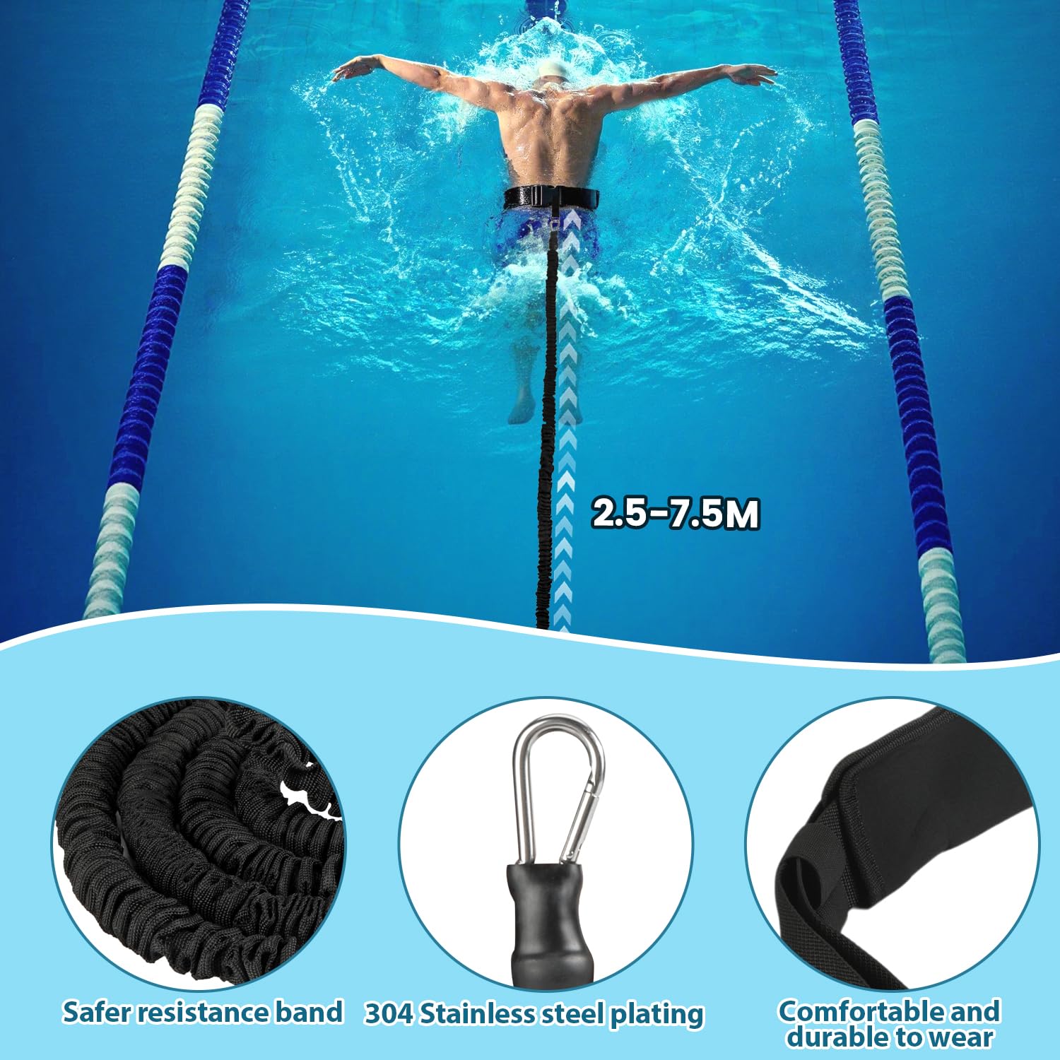 Schwimmgürtel Erwachsene, 2.5-7.5M Einstellbare Schwimmgurt Pool Erwachsene, Schwimmtrainer Gürtel, Schwimmwiderstand Gürtel, Schwimmhilfe für Jedes Schwimmbad Ohne Schwimmleine