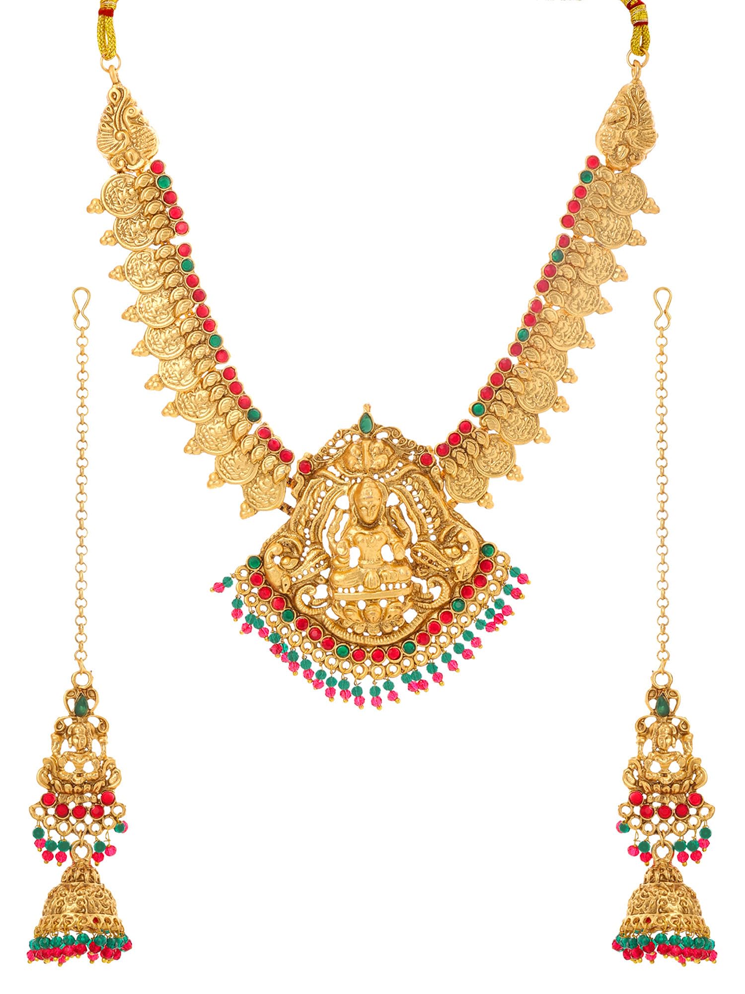 Yellow Chimes Jewellery Set for Women Gold Plated Traditional Temple Jewelry Set Antique Necklace Set with Earrings and Maangtikka for Women and Girls