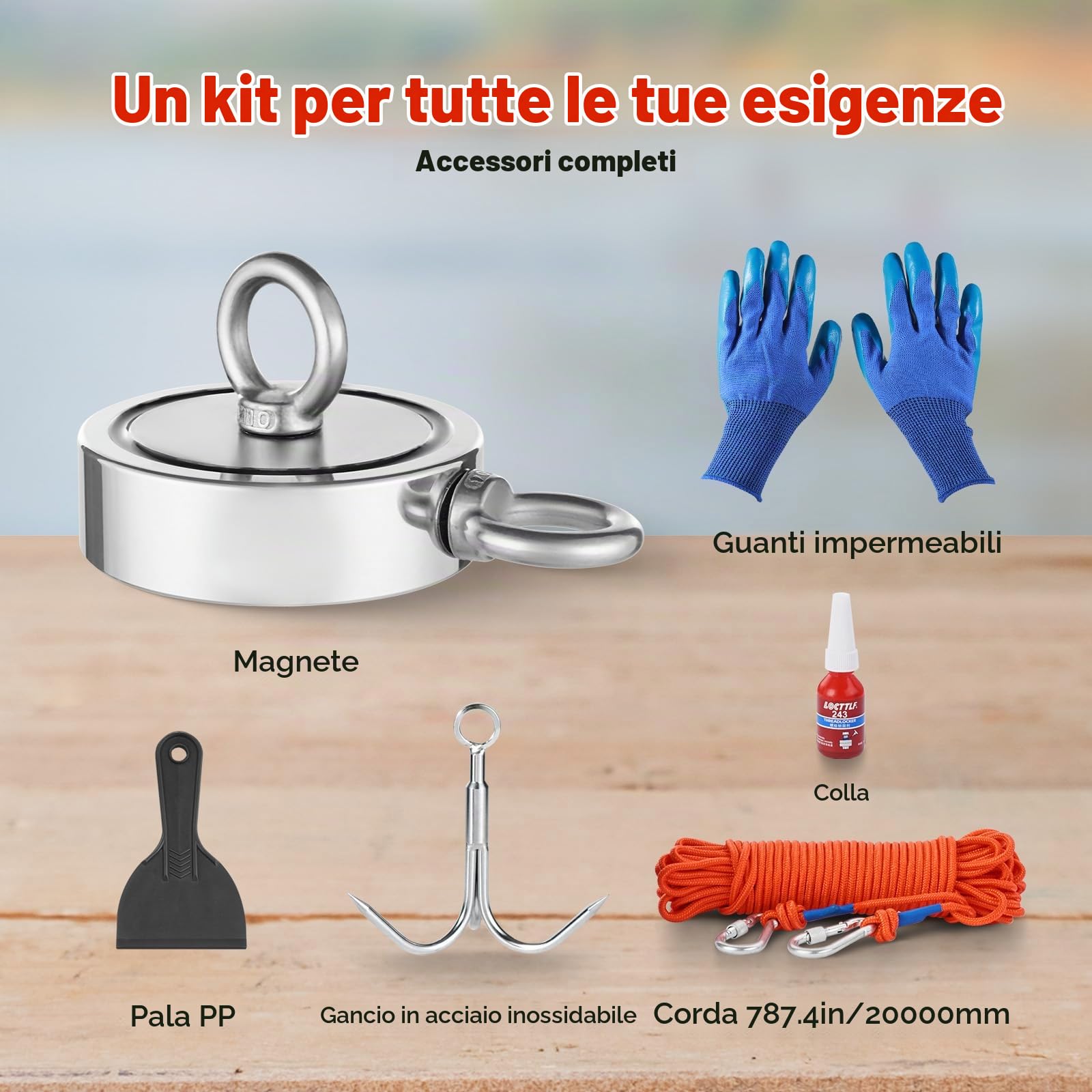 VEVOR Kit da Pesca con Magnete da 771 kg Kit da Pesca con Magnete Forte su Entrambi Lati, Kit da Pesca con Magnete al Neodimio N35 in Terre Rare Include Rampino, Corda Resistente, Guanti e Golfare