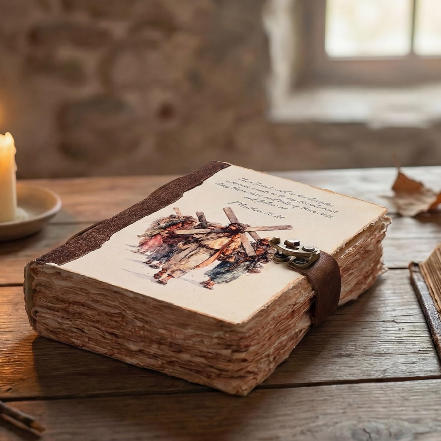 LEATHER VILLAGE Vintage Leather Journal with Mathew 16:24 Bible Verse Antique Christian Prayer Journal for Women & Men – 200 Pages Handmade Cotton Deckle Edge Watercolor Paper - Vintage - 8X6 inches