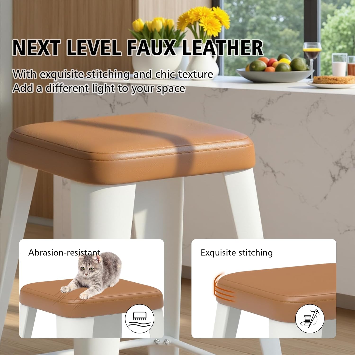 Backless Bar Stools Set of 4, Upholstered Faux Leather Counter Height Stools with Sturdy Metal Legs, 24 Inch Barstools for Kitchen Island (Brown)