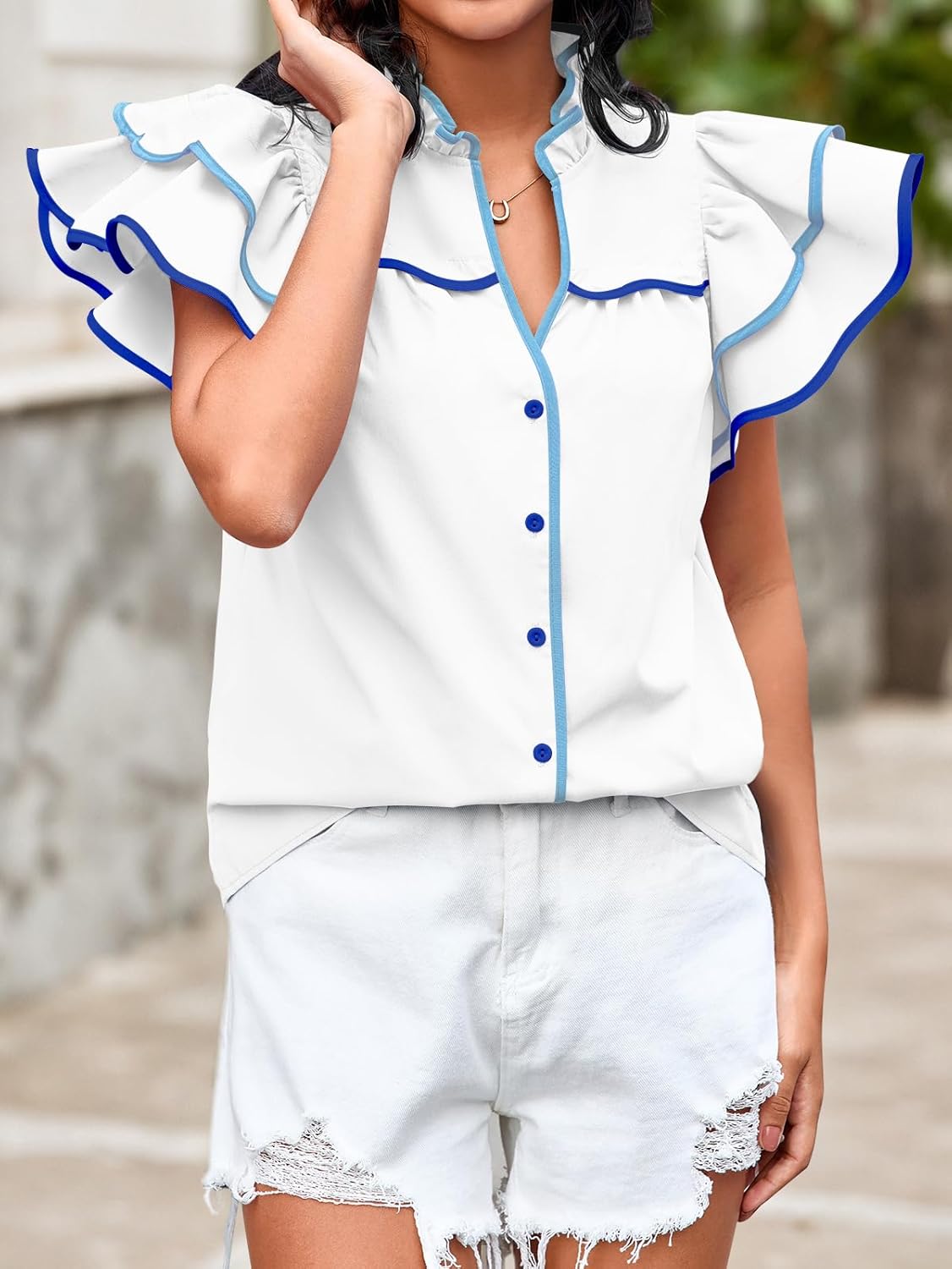 Tankaneo Womens Ruffle Short Sleeve Blouse V Neck Button Down Shirts Color Block Trendy Casual Tops - Image 3