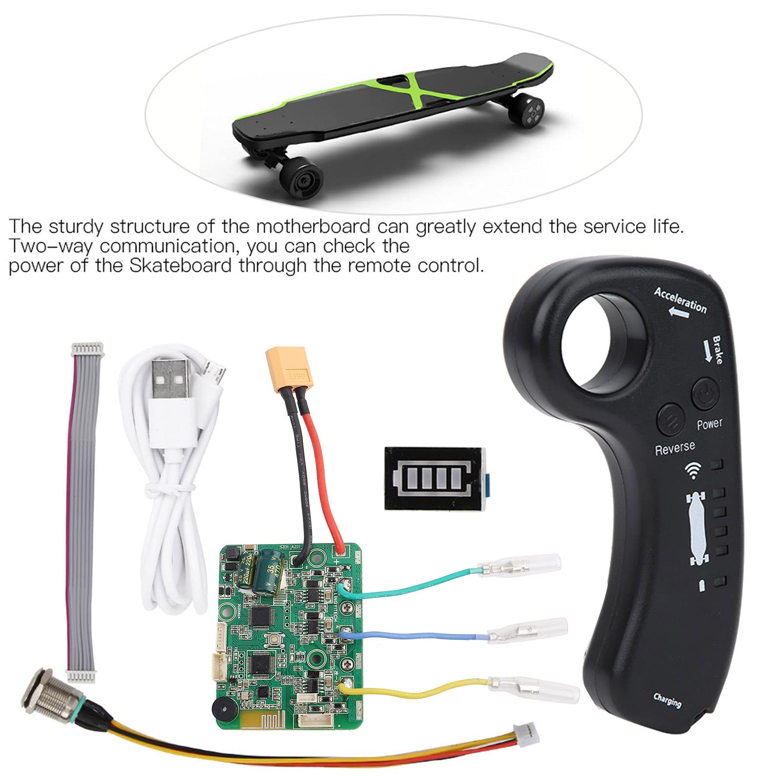 Das 24-V-Zubehörset für elektrische Skateboards enthält eine drahtlose Skateboard-Fernbedienung, EIN Motherboard, EIN Motorkabel, EIN Stromversorgungskabel und EIN USB-Kabel Elektroroller
