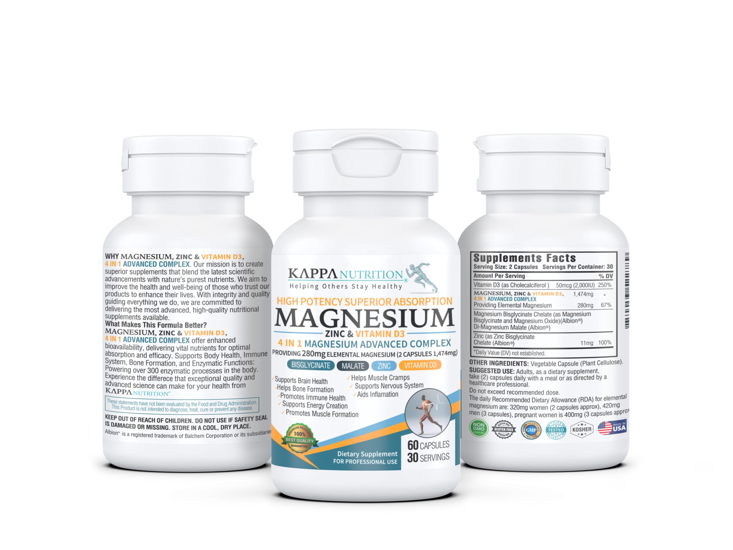Kappa Nutrition Magnesium 4-in-1, 280mg Elemental Magnesium (Bisglycinate, Malate) + Zinc & Vitamin D3, Brain, Sleep, Energy, Muscle, Immune Support, 60 Vegan Capsules. — Amazon image 13
