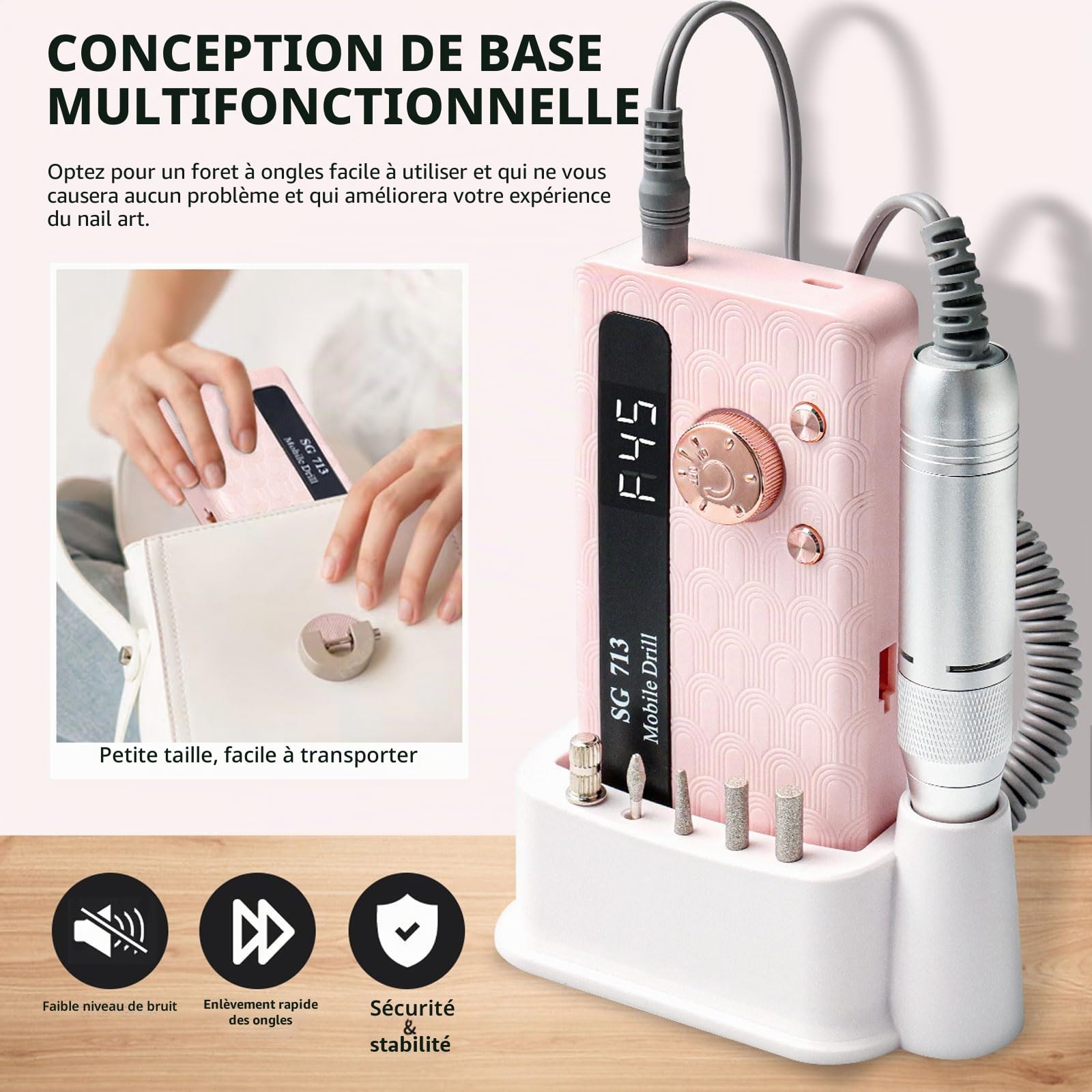 Ponceuse pour Ongles Professionnelle 45000 RPM Portable Rechargeable avec 13 Embouts et 56 Bandes de Ponçage, LCD écran, Ultra Silencieuse, Silencieuse pour Salon/Maison (Rose)