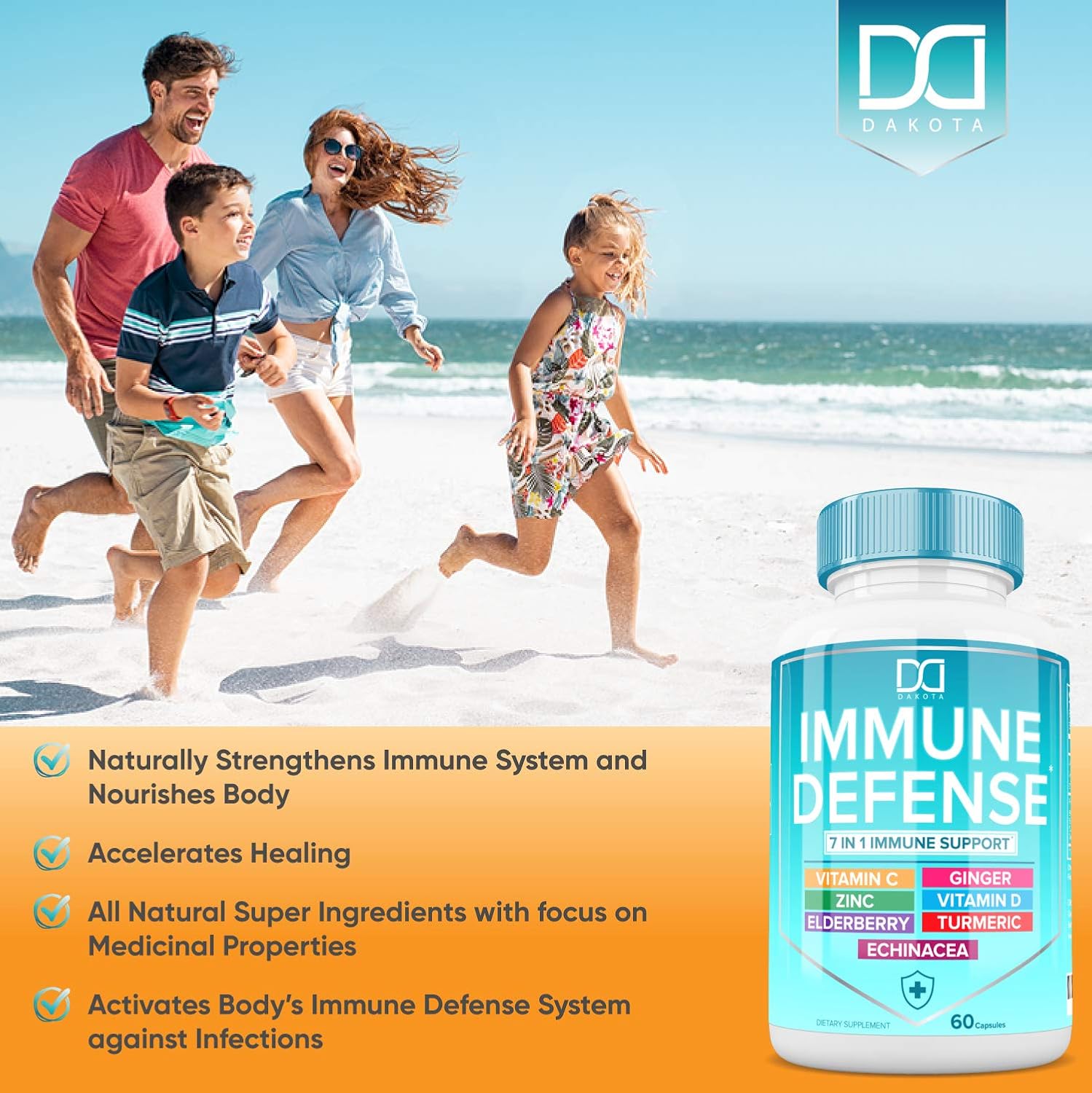 7 in 1 Immune Defense Support, Immunity Vitamins Supplement Booster with Zinc 50mg, Vitamin C Elderberry Vit D3 5000 IU, Turmeric Curcumin & Ginger, Echinacea - Allergy Relief for Kids Adults (2 Pack) : Health & Household