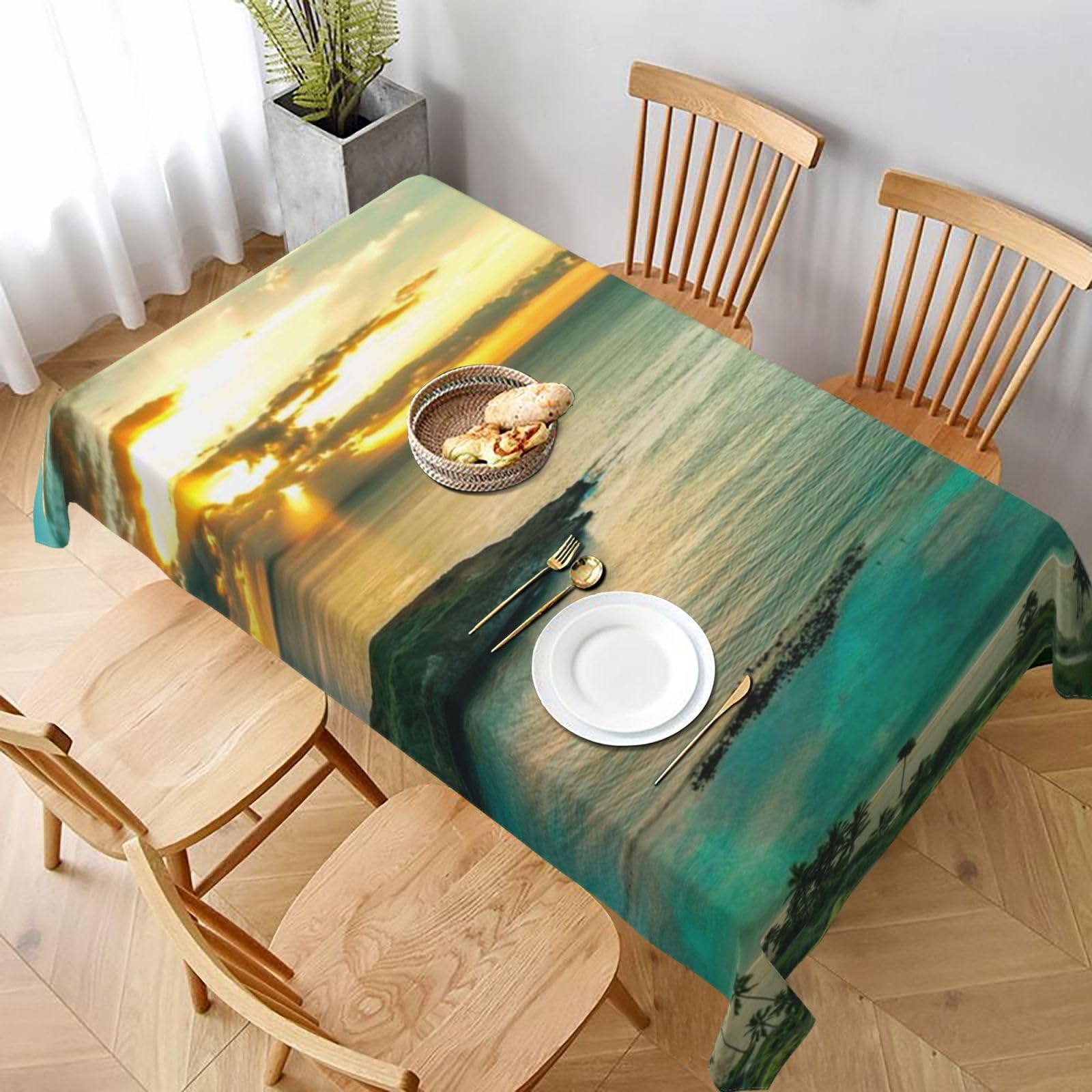 BNVSADC Sunrise Over Hanauma Bay Oahu Hawaii Printed Rectangle Tablecloth 228x152 CM, Water Resistant Polyester Table Cloth Decorative Fabric Table Covers for Kitchen Dining Table Parties Camping