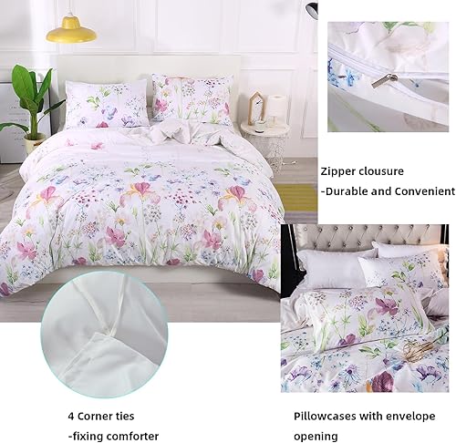 Miniatura 3 de KIUINNO Funda de edredón floral tamaño King juego de cama suave y transpirable con cierre de cremallera y lazos en las esquinas, 3 piezas, 1 funda