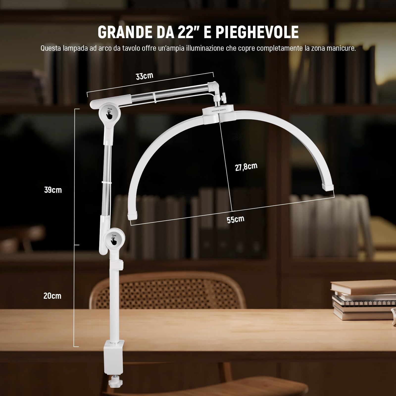 NEEWER BASICS 55cm Lampada Mezza Luna Estetica per Ciglia con Supporto Morsetto/Portatelefono, Lampada da Tavolo per Unghie Pieghevole 32W per Trucco Bellezza Tatuaggi Riprese Video dall'Alto, HM03-D