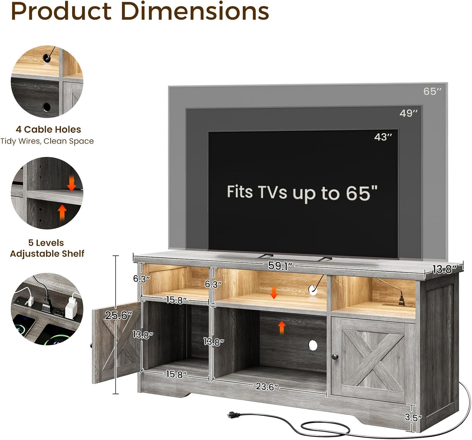 Casaottima TV Stand for 65 Inch TV, Farmhouse Entertainment Center with Power Outlet & LED Light and Storage Cabinets, Console Table and Media Furniture for Living Room Bedroom, Gray Oak 4 71C0uIXRc6L. AC SL1500