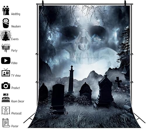 Miniatura 2 de Renaiss Telón de fondo de Halloween de 5 x 7 pies para sesión de fotos, retrato de terror, noche de terror, nubes oscuras, calavera aterradora,