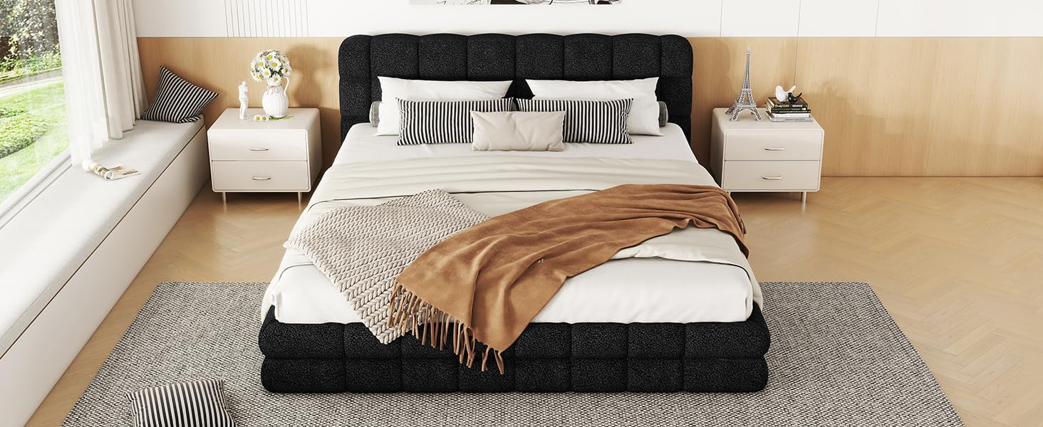 Harper & Bright Designs Queen Size Upholstered Platform Bed Frame for Boys Girls Kids Adults Toddler, Black