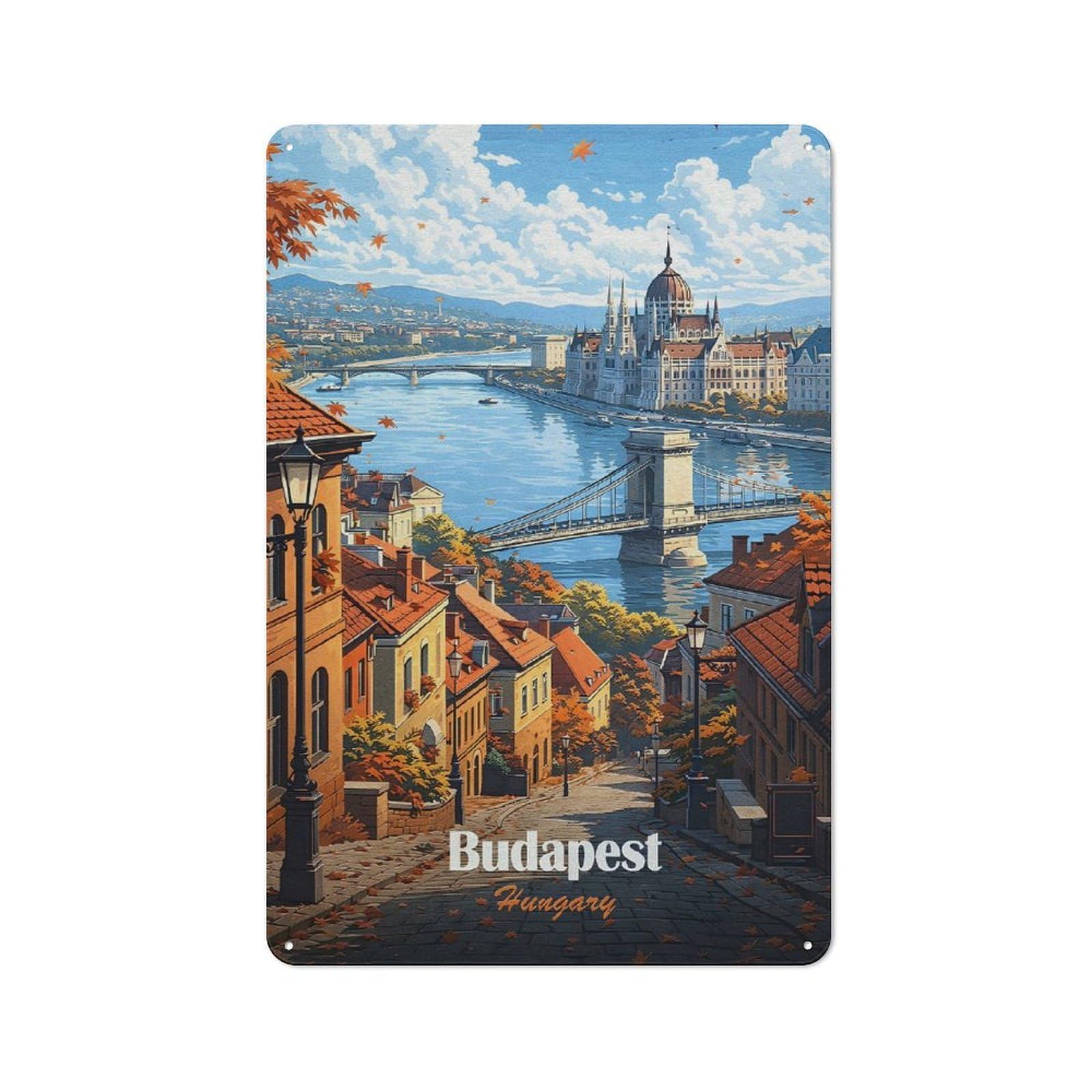 Junmoney Style-12 Tin Wall Plaque 30X20cm With Budapest In Autumn For Hallway Wall, Suited To Hallway Decor Lovers, For Retro Home Interiors